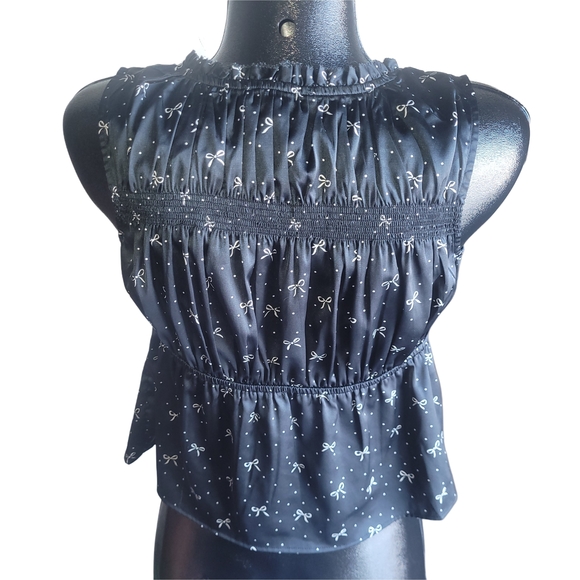 American Eagle Black Double Tie-Front Cropped Babydoll Top With Bow Print S - Picture 6 of 7